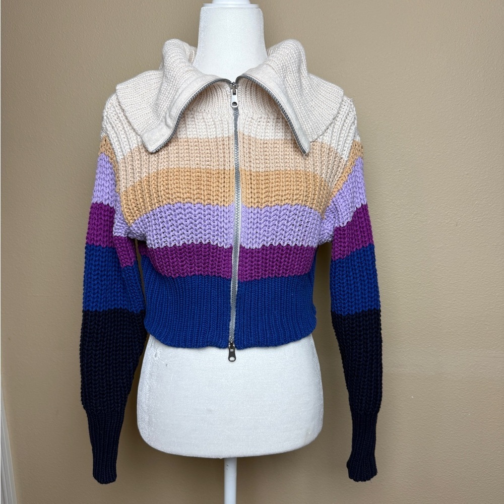 Aerie Double Zip Up Striped Cropped Cardigan Sweater Size XXS - Picture 2 of 11